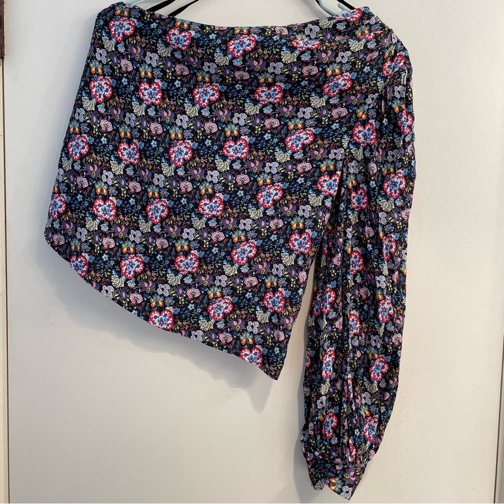 Frame XS Single Sleeve & Shoulder Blue Floral Print Top - Picture 6 of 15